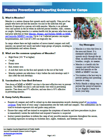 Measles Prevention and Reporting Guidance for Camps