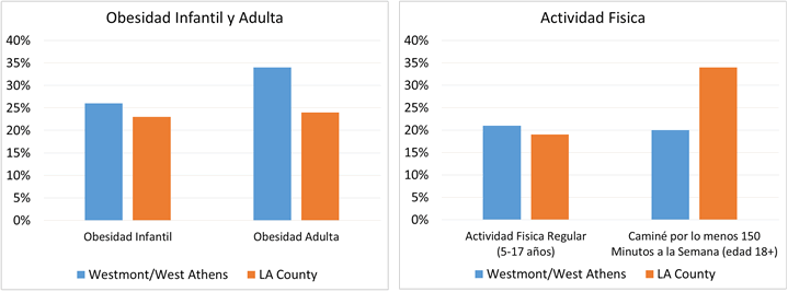 La tabla de datos muestra que la obesidad infantil y la obesidad en adultos son más altas en Westmont / West Athens en comparación con el condado de Los Angeles en general, tabla de datos que muestra que la actividad física es mayor para jóvenes de 5 a 17 años en Westmont / para adultos